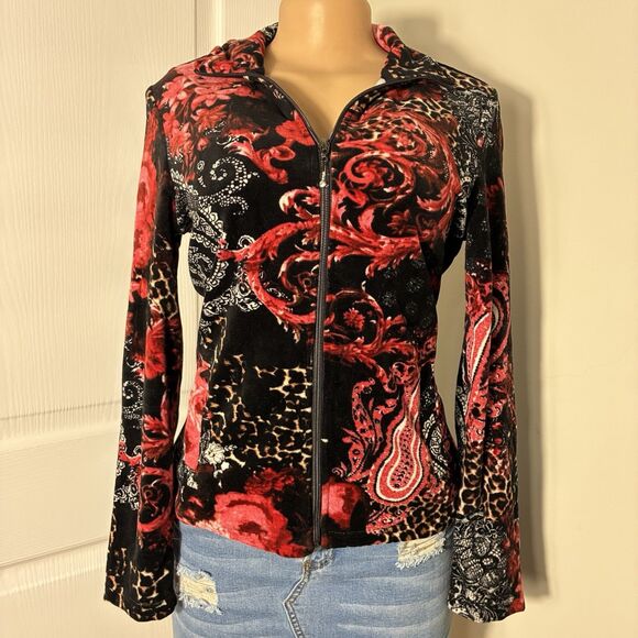 Onque Casuals Jackets & Blazers - Onque Women's Jacket Size Large Black Red Paisley Floral Full Zip faux velvet
